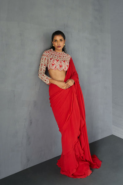 Red Draped Ruffle Saree Set