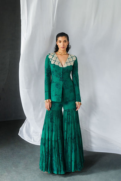 Teal & Black Blossom Jacket Sharara Set