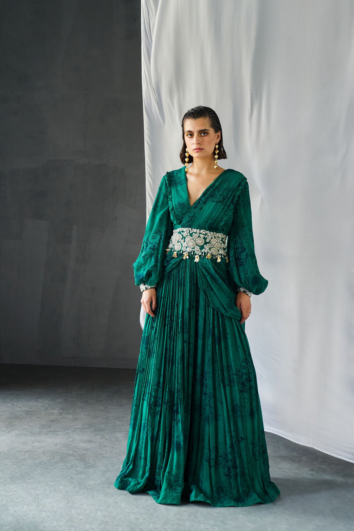 Teal Blossom Palazzo Saree