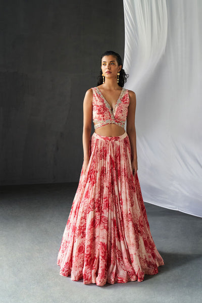 Champagne Red Blossom Print Lehenga Set