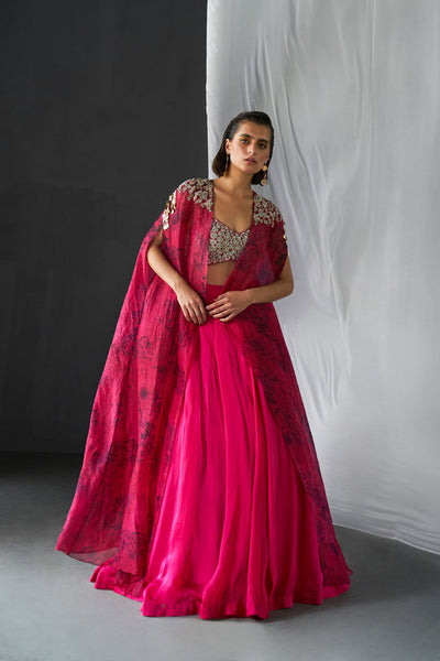 Fuchsia & Black Embroidered Blossom Cape Lehenga Set