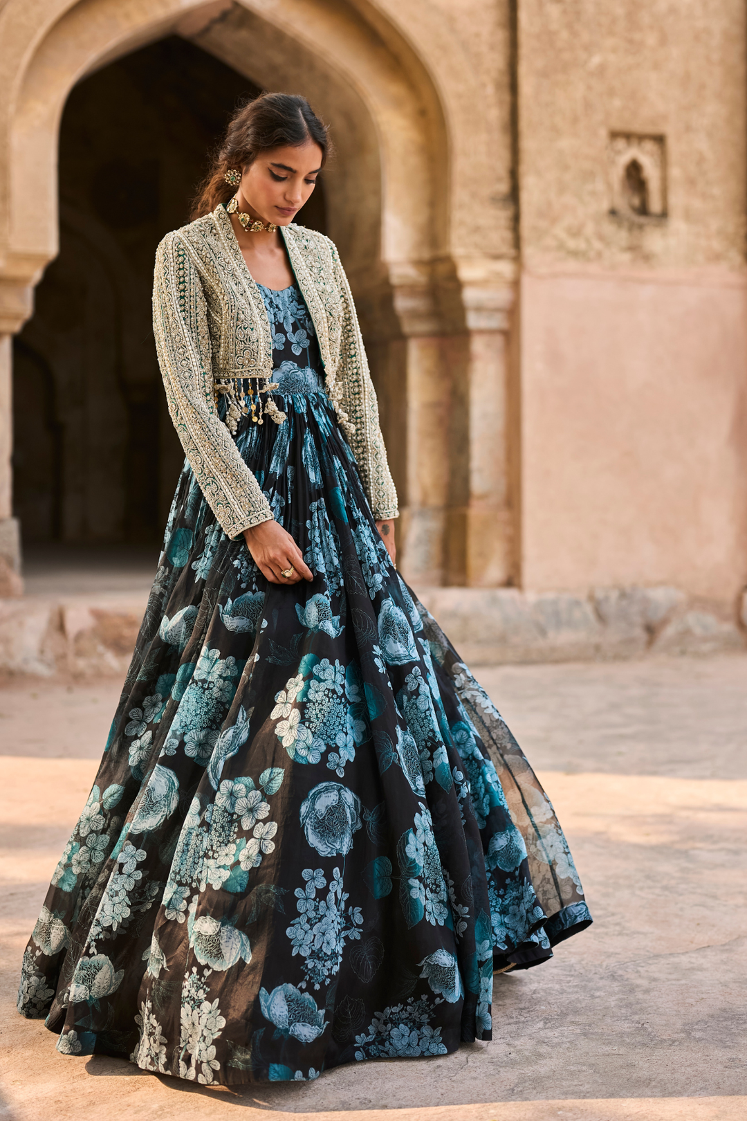 anarkali dress with short jacket Neelva Blue Anarkali Dress with Printed Jacket