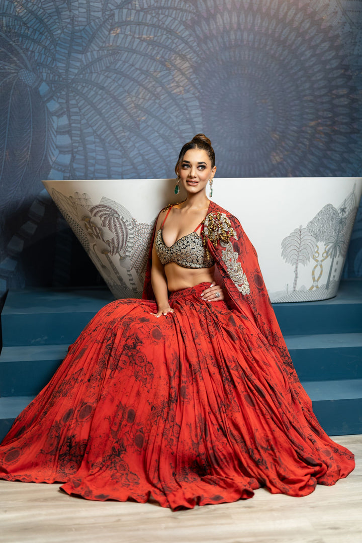 Deeksha Mishra in our Red & Black Skirt Set with Blossom Cape