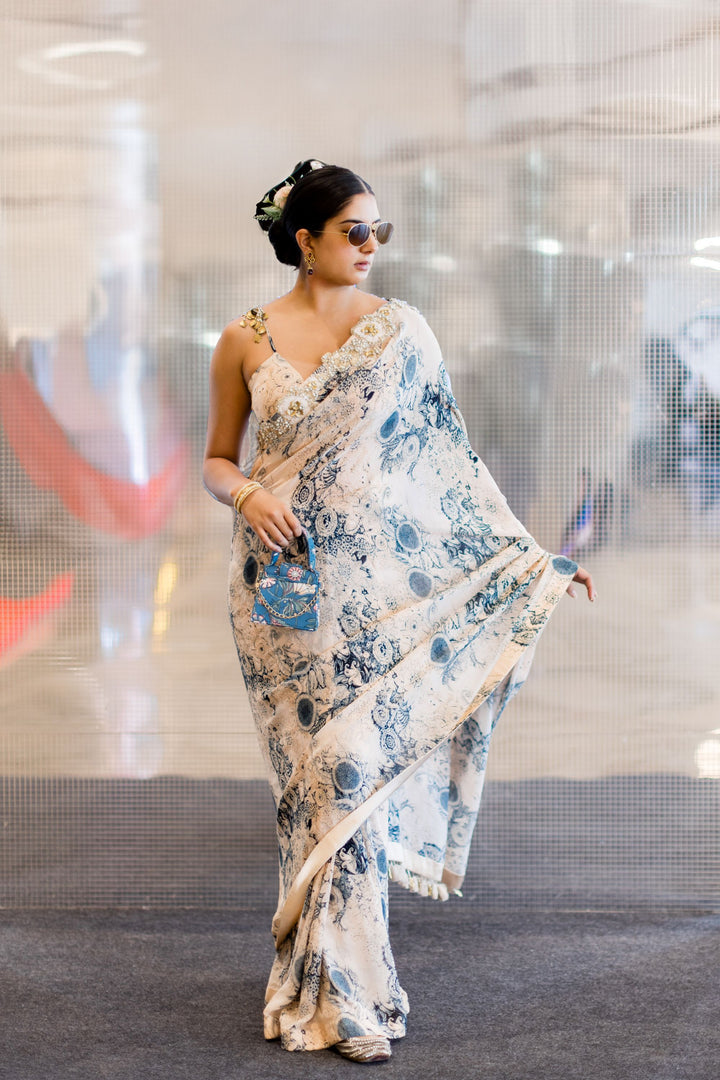 Sanjana Rathi in our Champagne & Blue Blossom Saree
