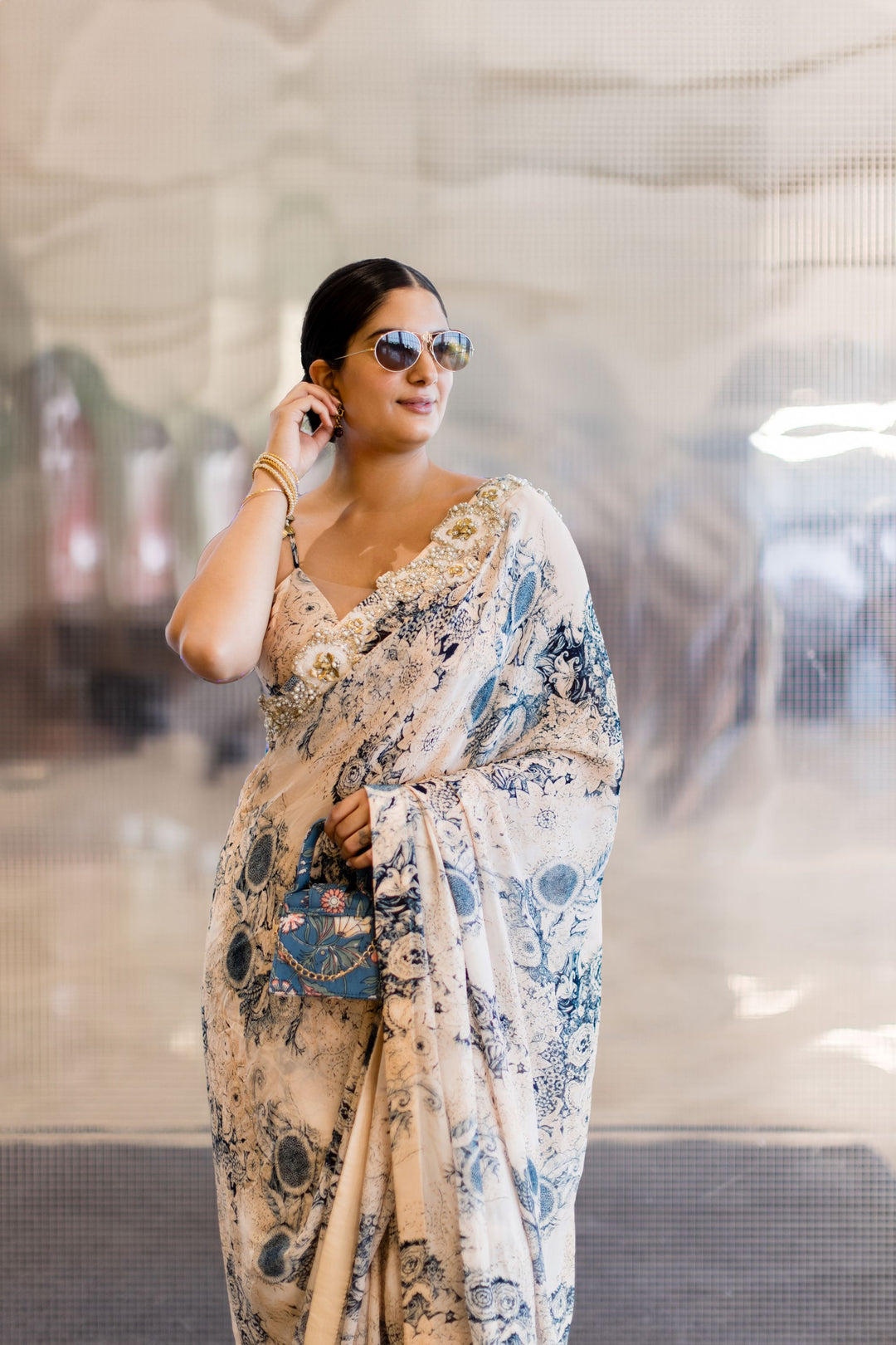 Sanjana Rathi in our Champagne & Blue Blossom Saree โ Bhumika Sharma