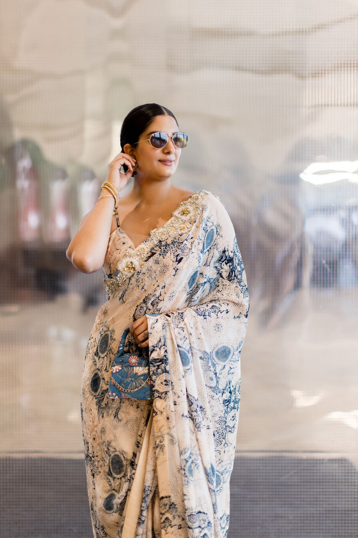 Sanjana Rathi in our Champagne & Blue Blossom Saree