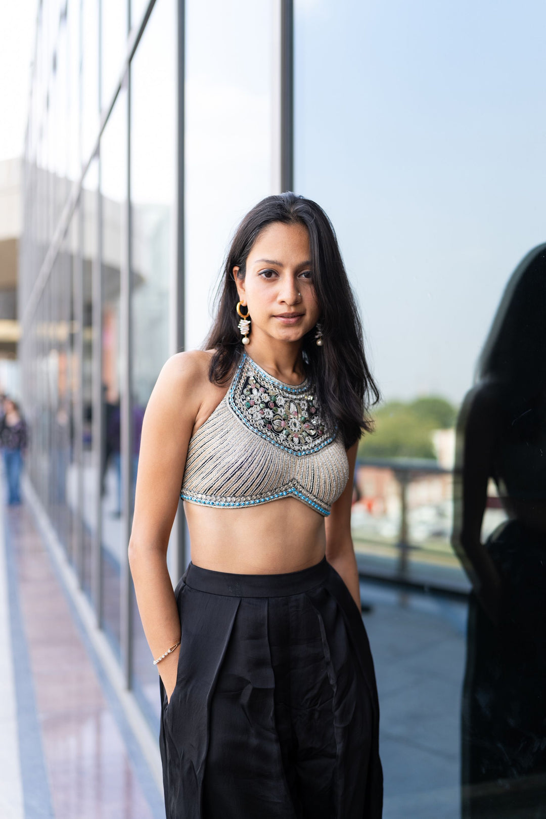 Ayesha Nigam in our Halter Embroidered Blouse with Black Pants
