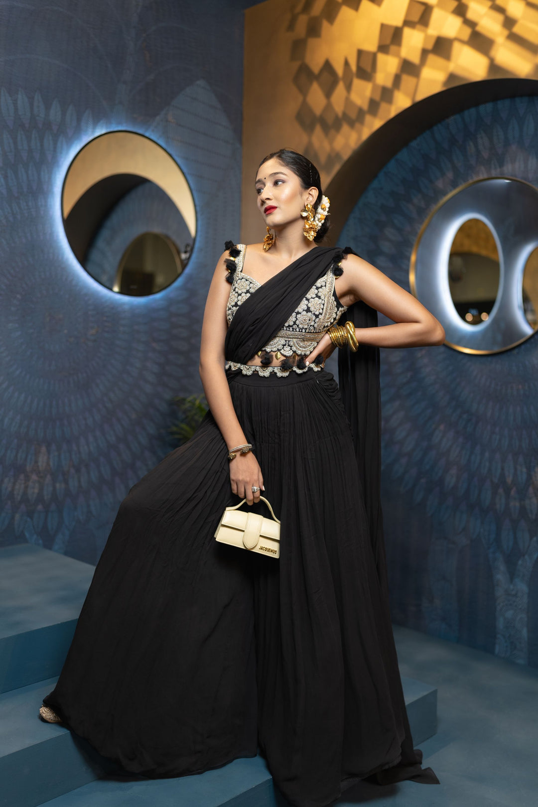 Seher in our Black Floral Blouse and Palazzo Saree Set