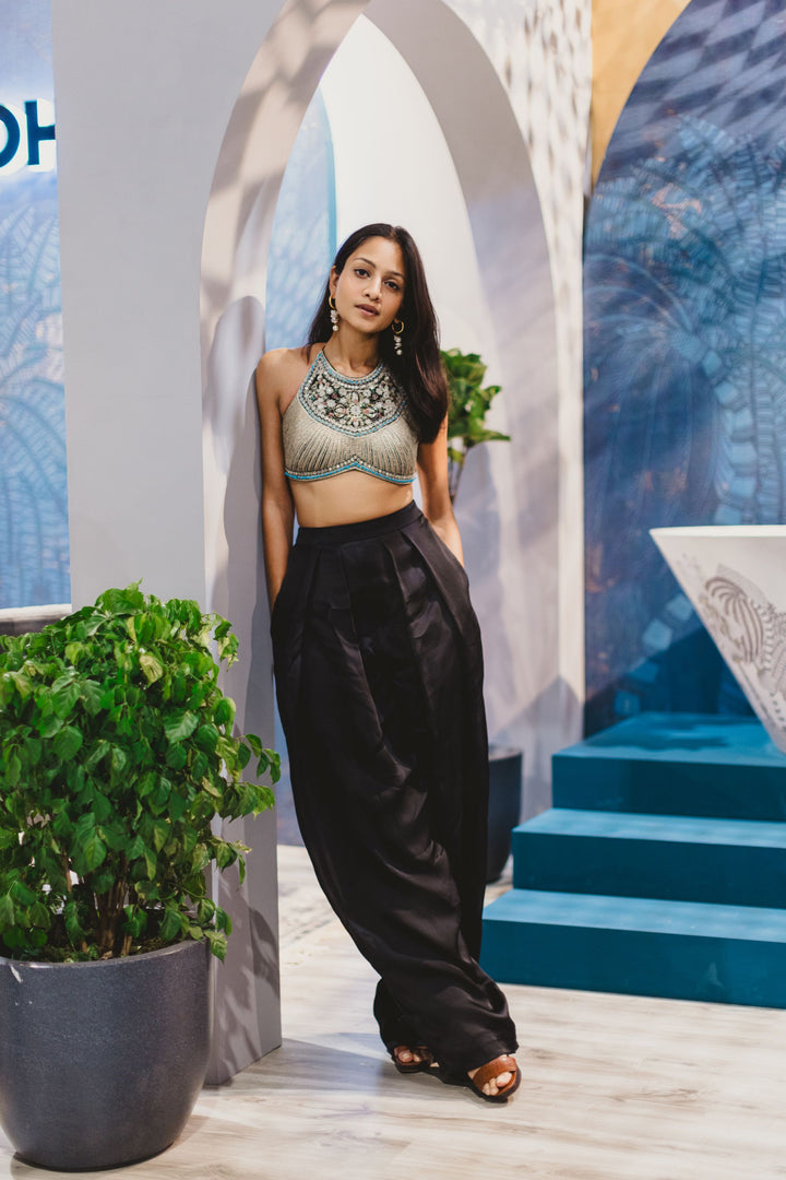 Ayesha Nigam in our Halter Embroidered Blouse with Black Pants