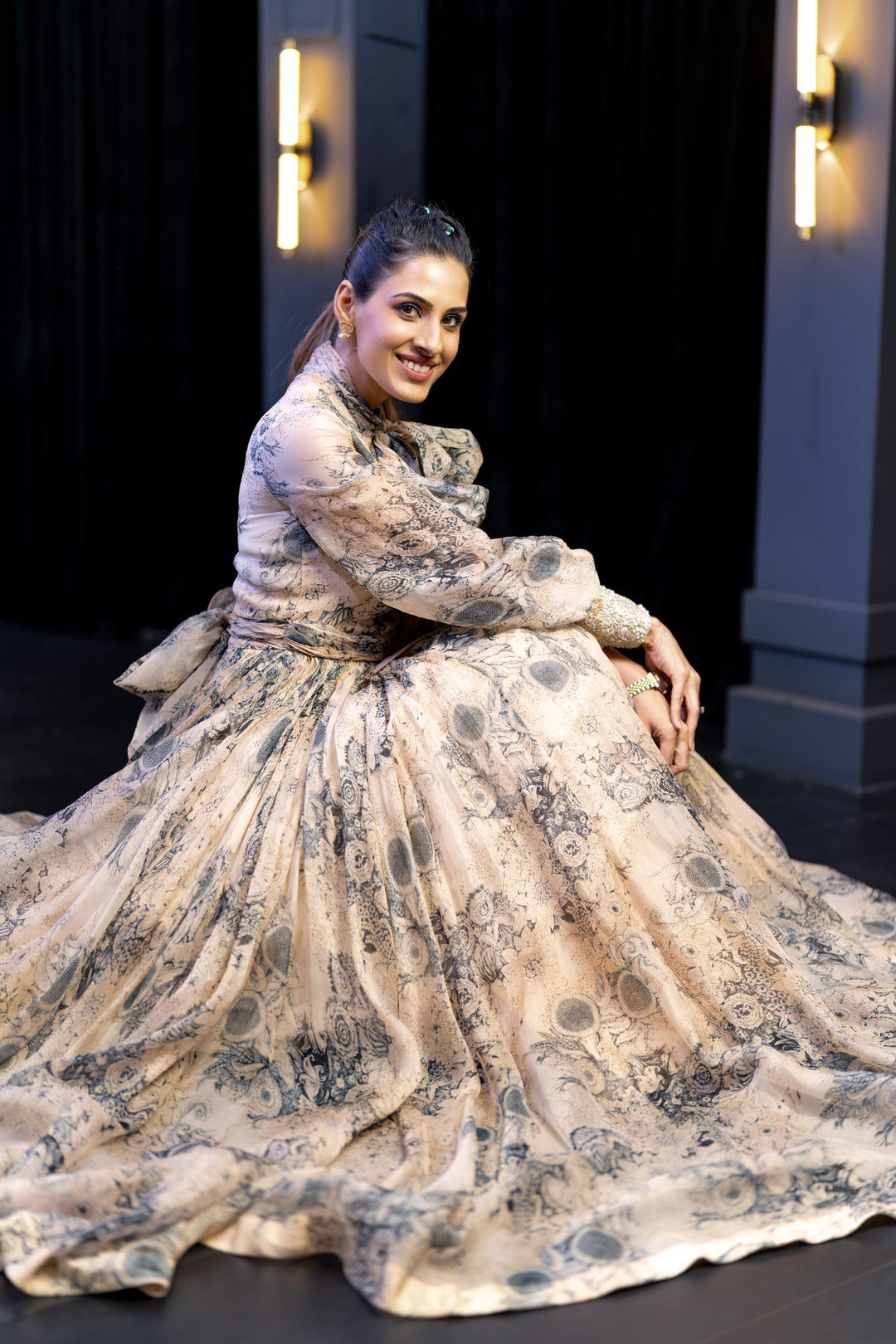 Shruti Khanna Juneja in our Champagne & Blue Blossom Bow Gown