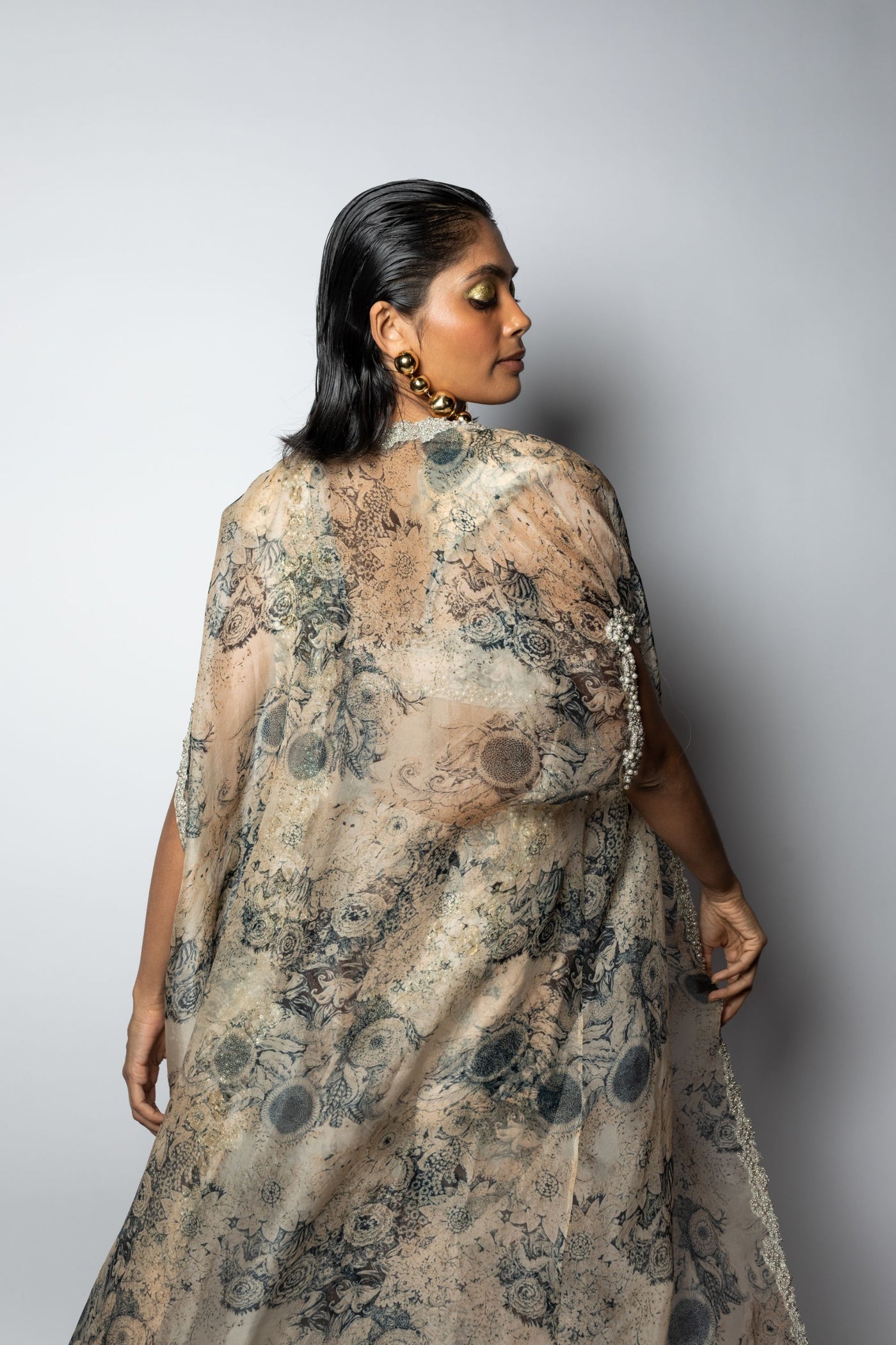 Champagne & Blue Cape Set with Blossom Saree