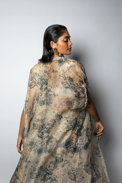 Champagne & Blue Cape Set with Blossom Saree