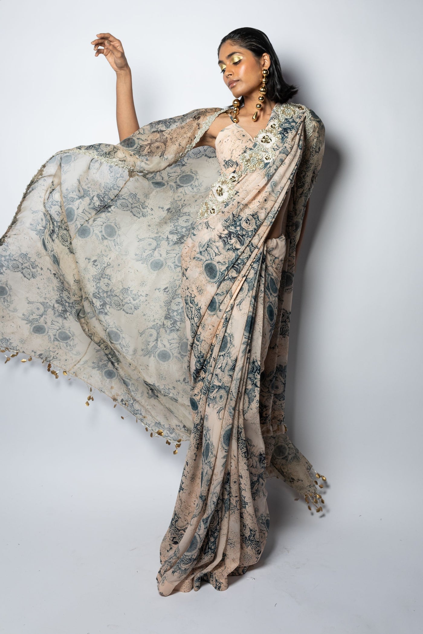 Champagne & Blue Cape Set with Blossom Saree