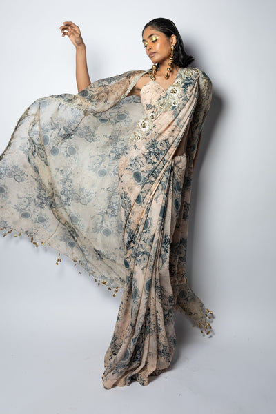 Champagne & Blue Cape Set with Blossom Saree