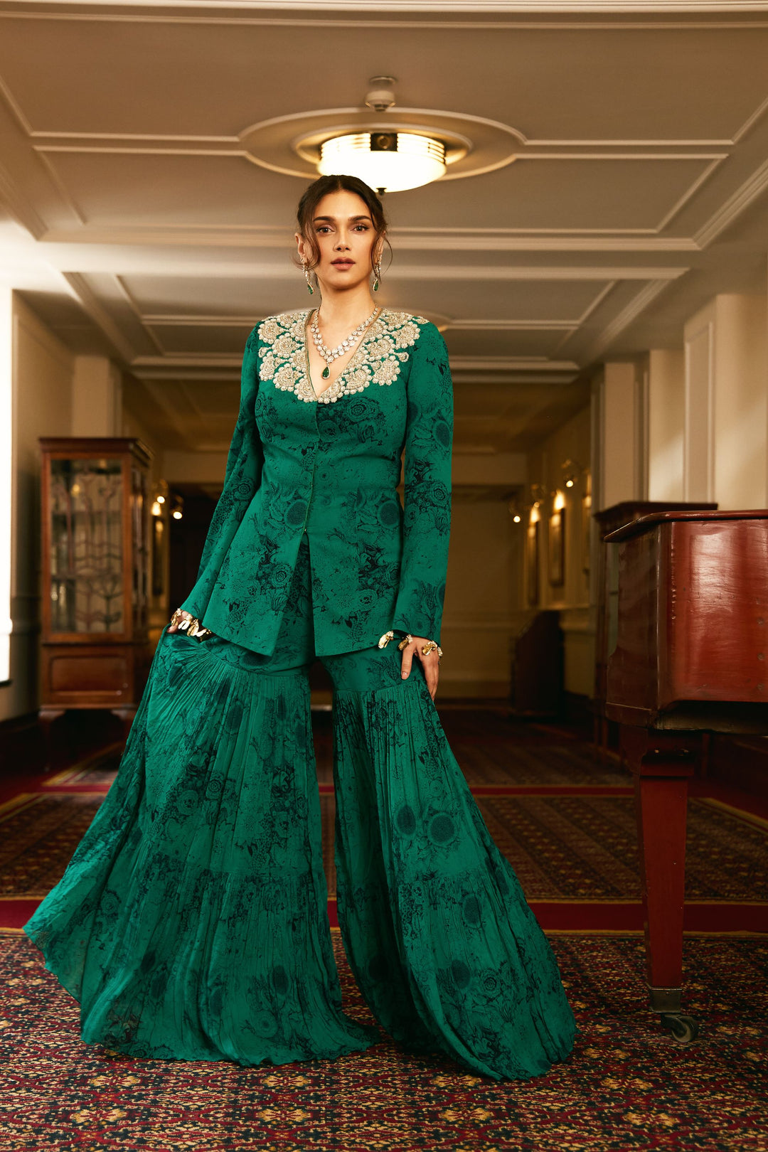 Aditi Rao Hydari in our Teal Black Blossom Jacket Sharara Set