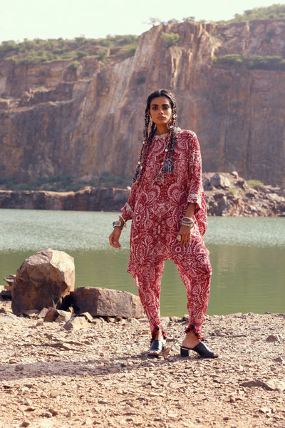 Red Geo Floral Kurta & Dhoti Set