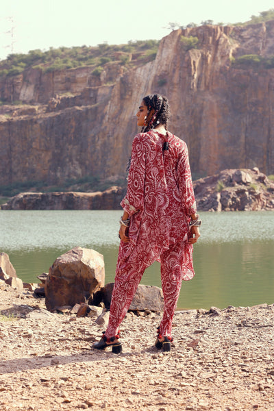 Red Geo Floral Kurta & Dhoti Set