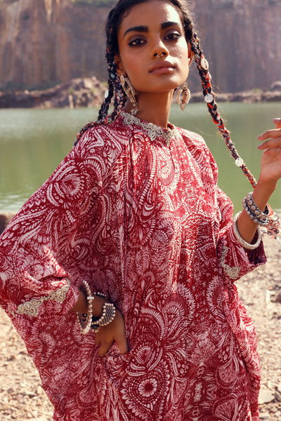 Red Geo Floral Kurta & Dhoti Set
