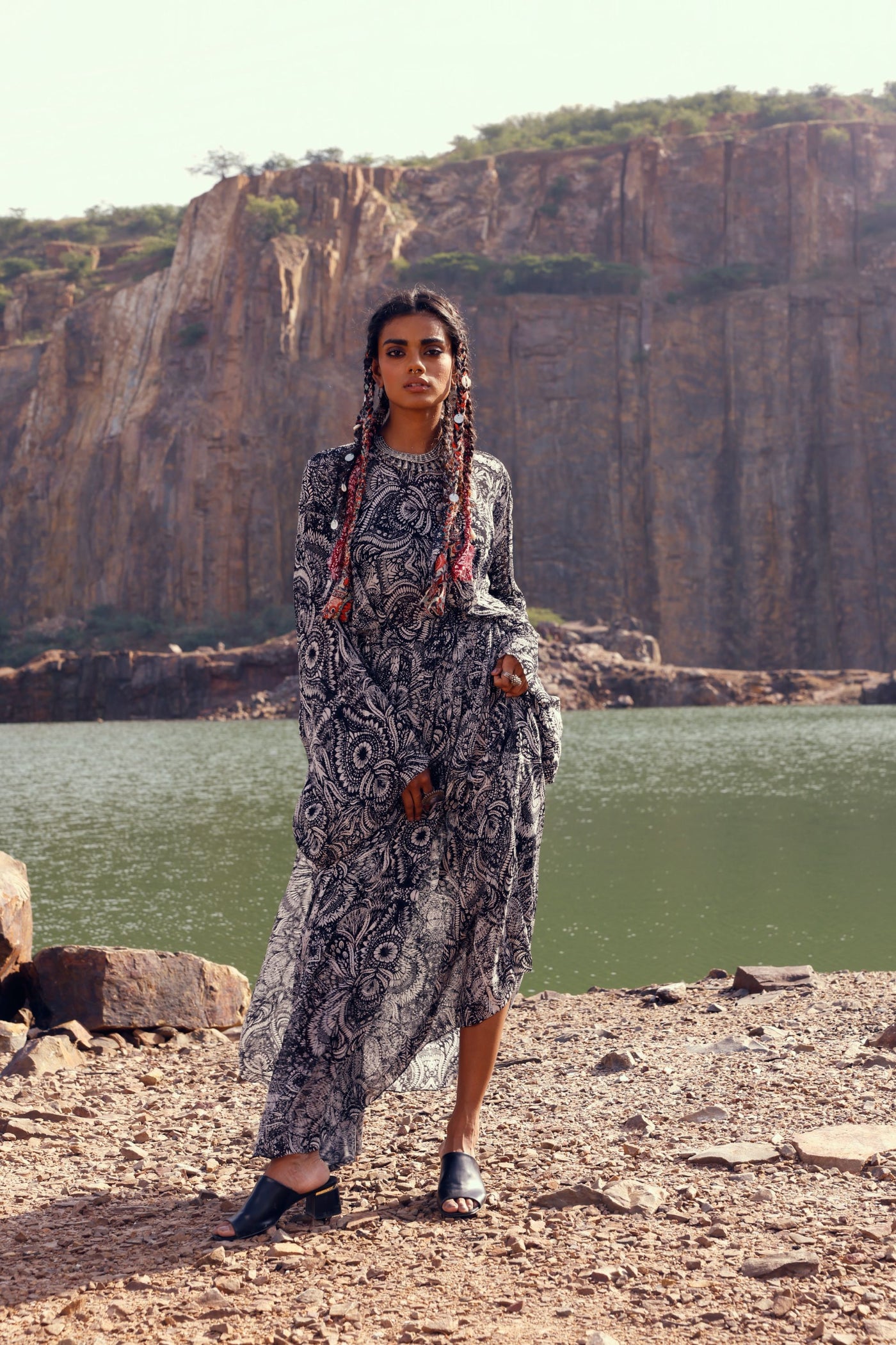 Black Geo Floral Kaftan Dress