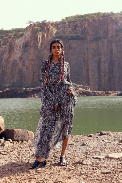 Black Geo Floral Kaftan Dress
