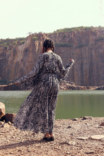 Black Geo Floral Kaftan Dress
