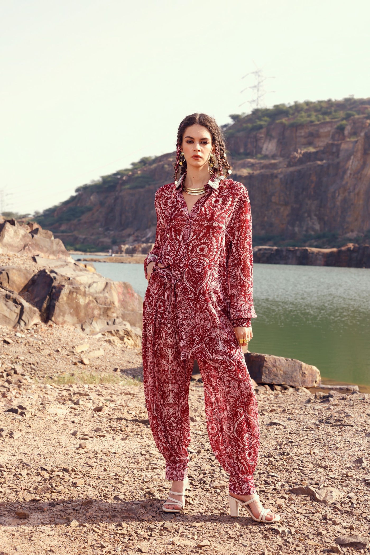 Red Geo Floral Shirt & Harem Pant Sets