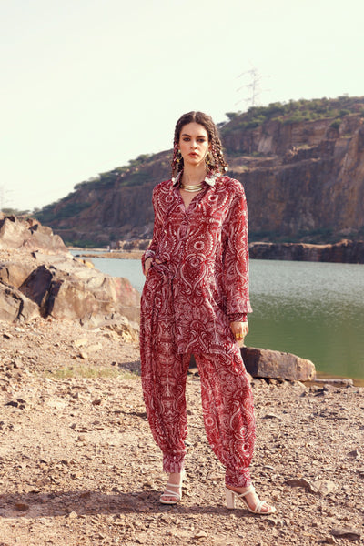 Red Geo Floral Shirt & Harem Pant Sets