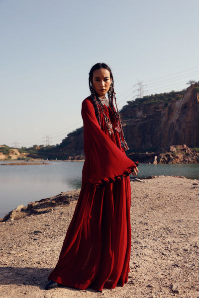 Red Asymmetric Top & Flared Pant Sets