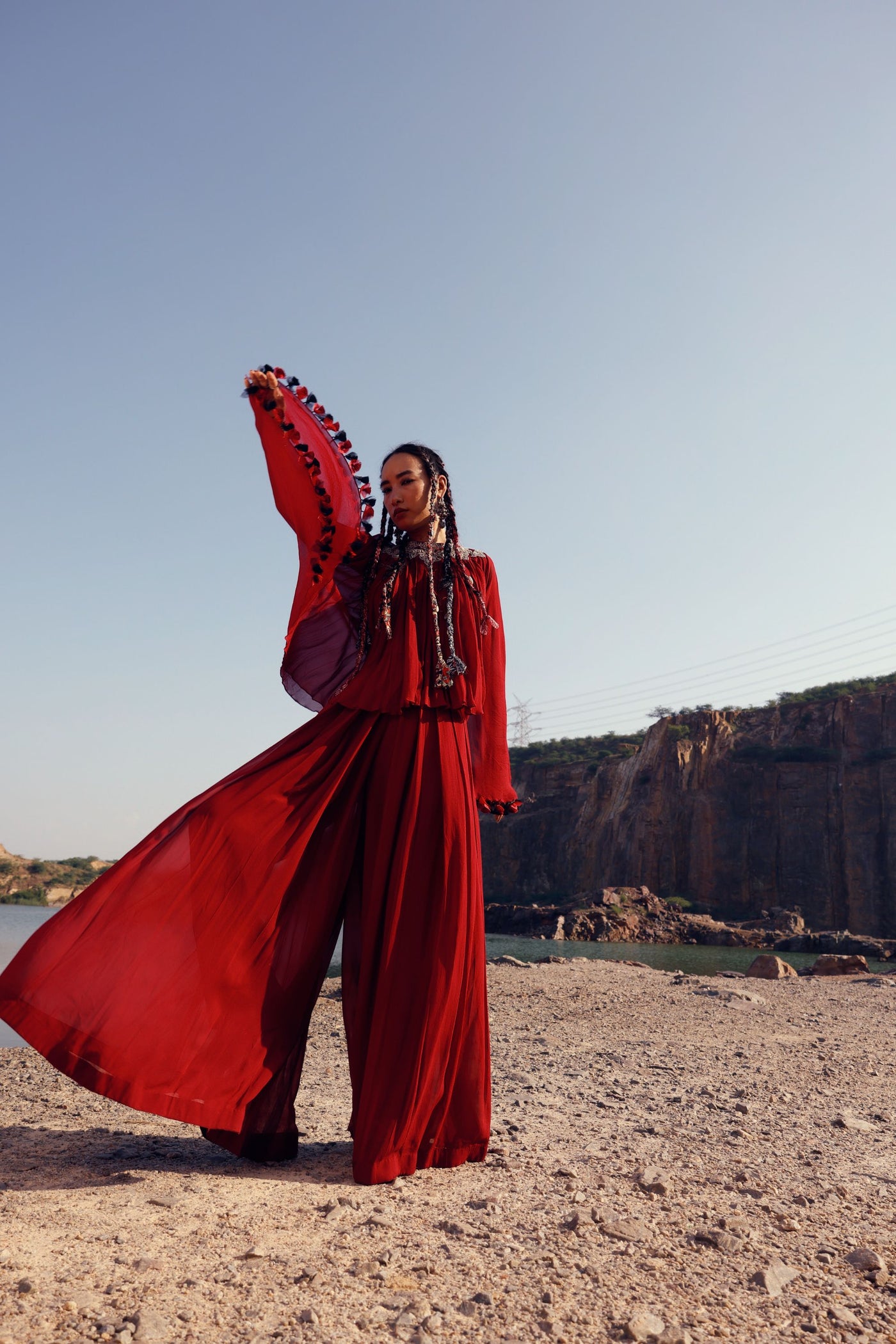 Red Asymmetric Top & Flared Pant Sets