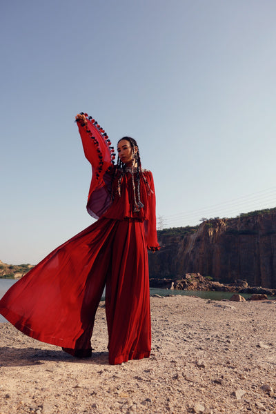 Red Asymmetric Top & Flared Pant Sets