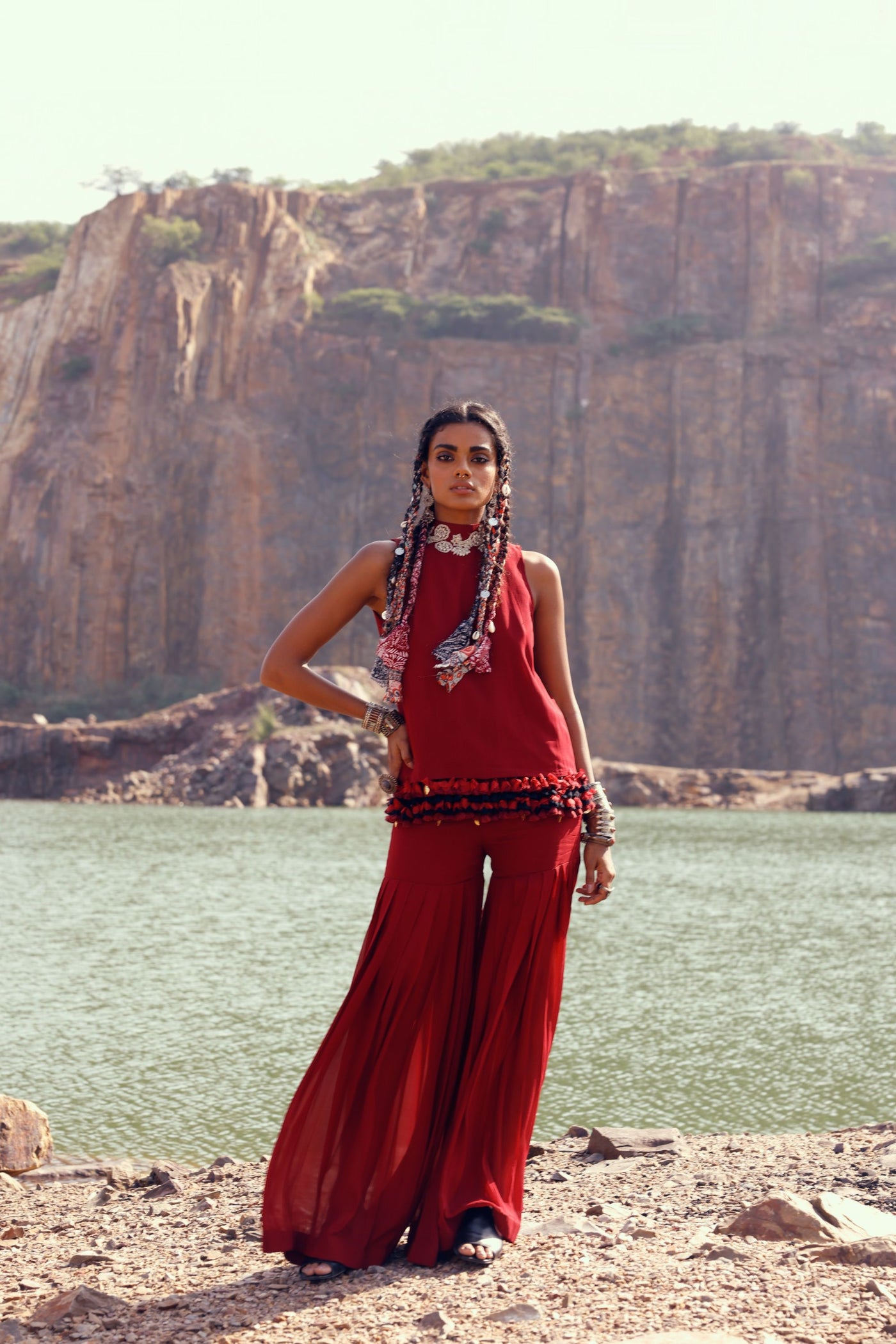 Embroidered Tasseled Top & Sharara Pants