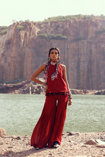 Embroidered Tasseled Top & Sharara Pants
