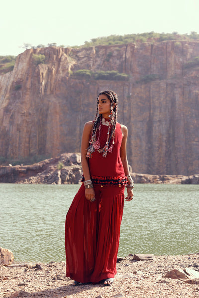 Embroidered Tasseled Top & Sharara Pants