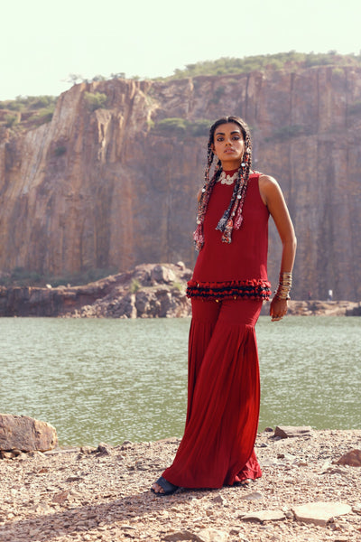 Embroidered Tasseled Top & Sharara Pants