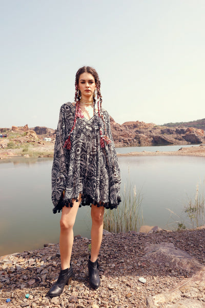 Black Geo Floral Cape Dress