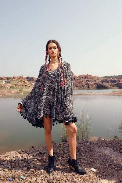 Black Geo Floral Cape Dress