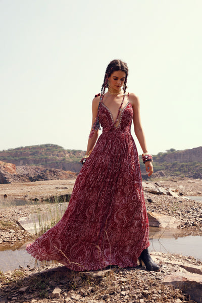 Red Geo Floral Pleated Long Dress