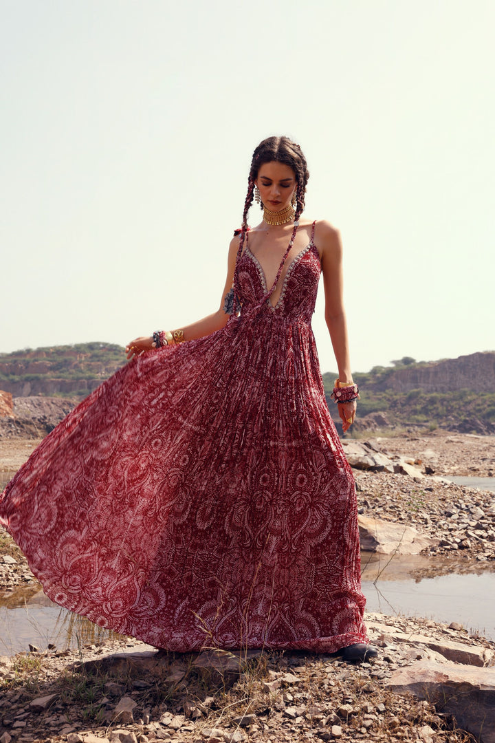 Red Geo Floral Pleated Long Dress