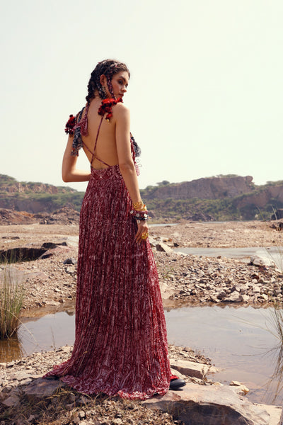 Red Geo Floral Pleated Long Dress