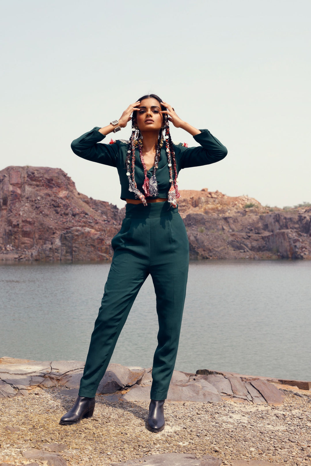 Green Cropped Jacket & Trousers Set
