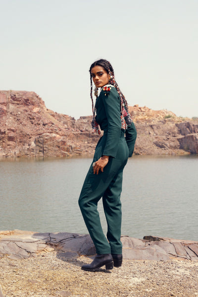Green Cropped Jacket & Trousers Set