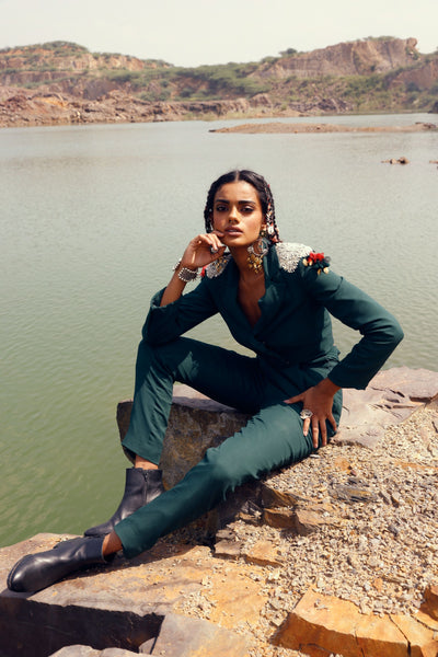 Green Cropped Jacket & Trousers Set