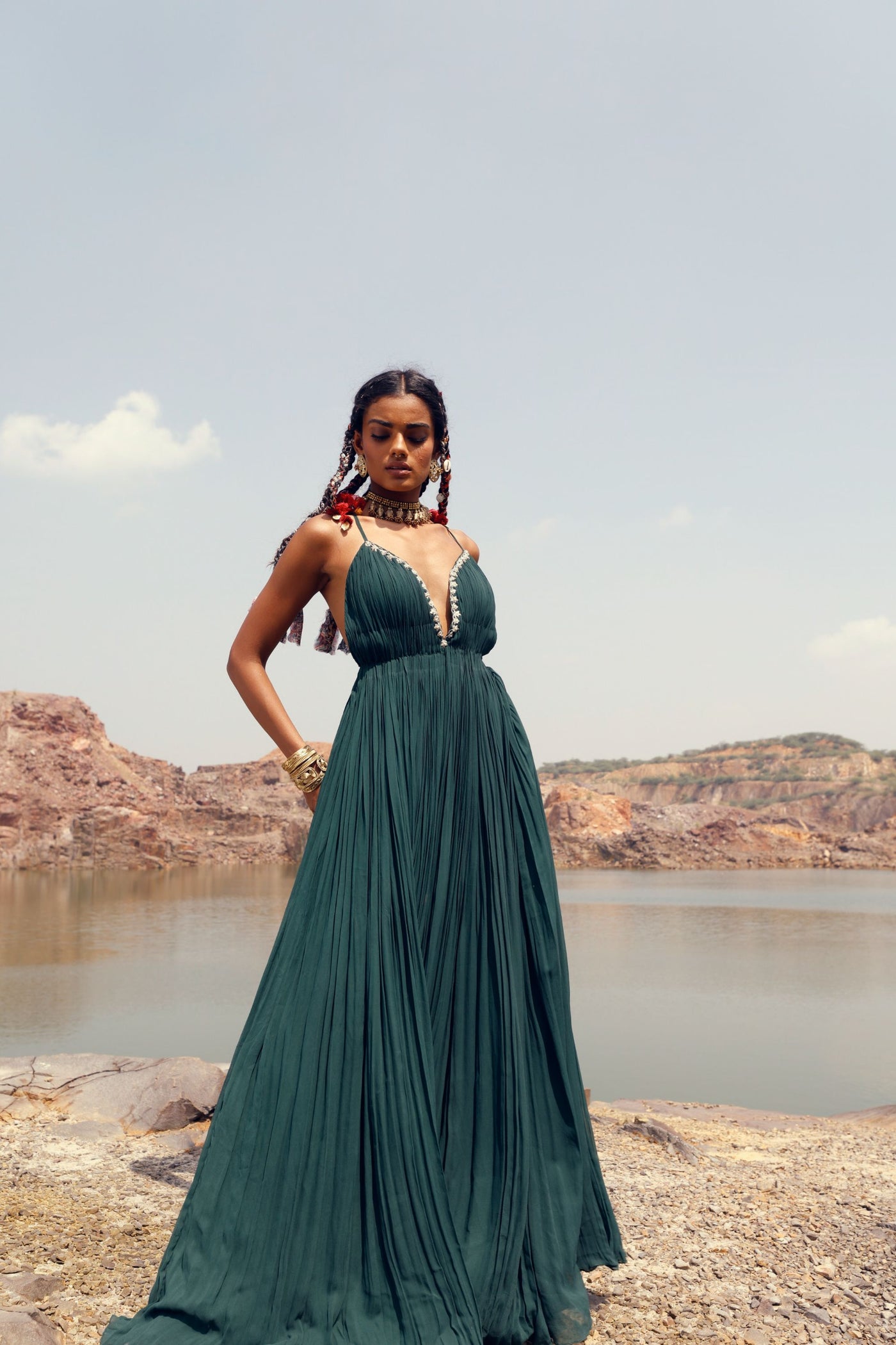 Dark Green Pleated Dress