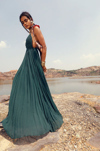 Dark Green Pleated Dress
