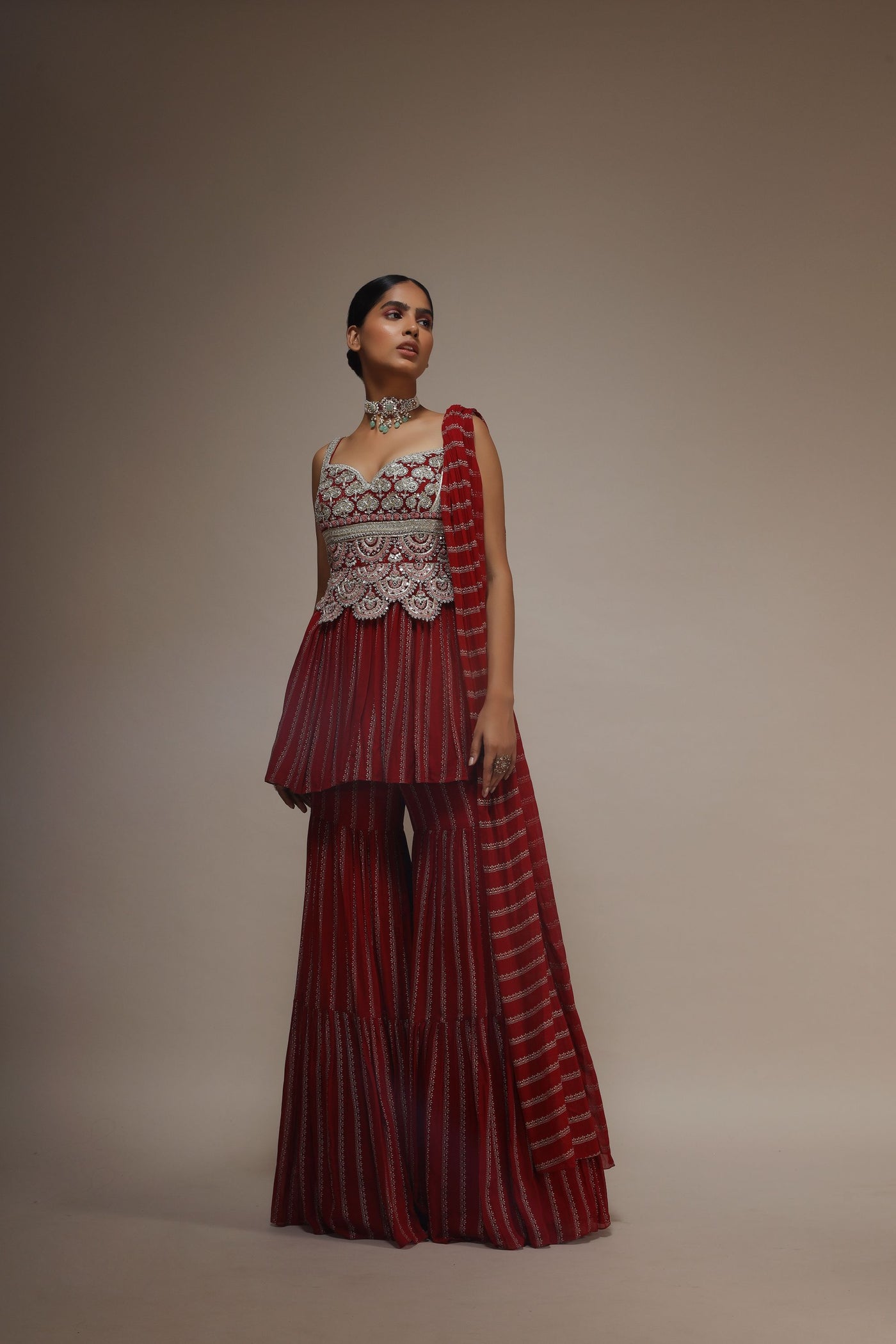 Red Nurekha Peplum & Sharara
