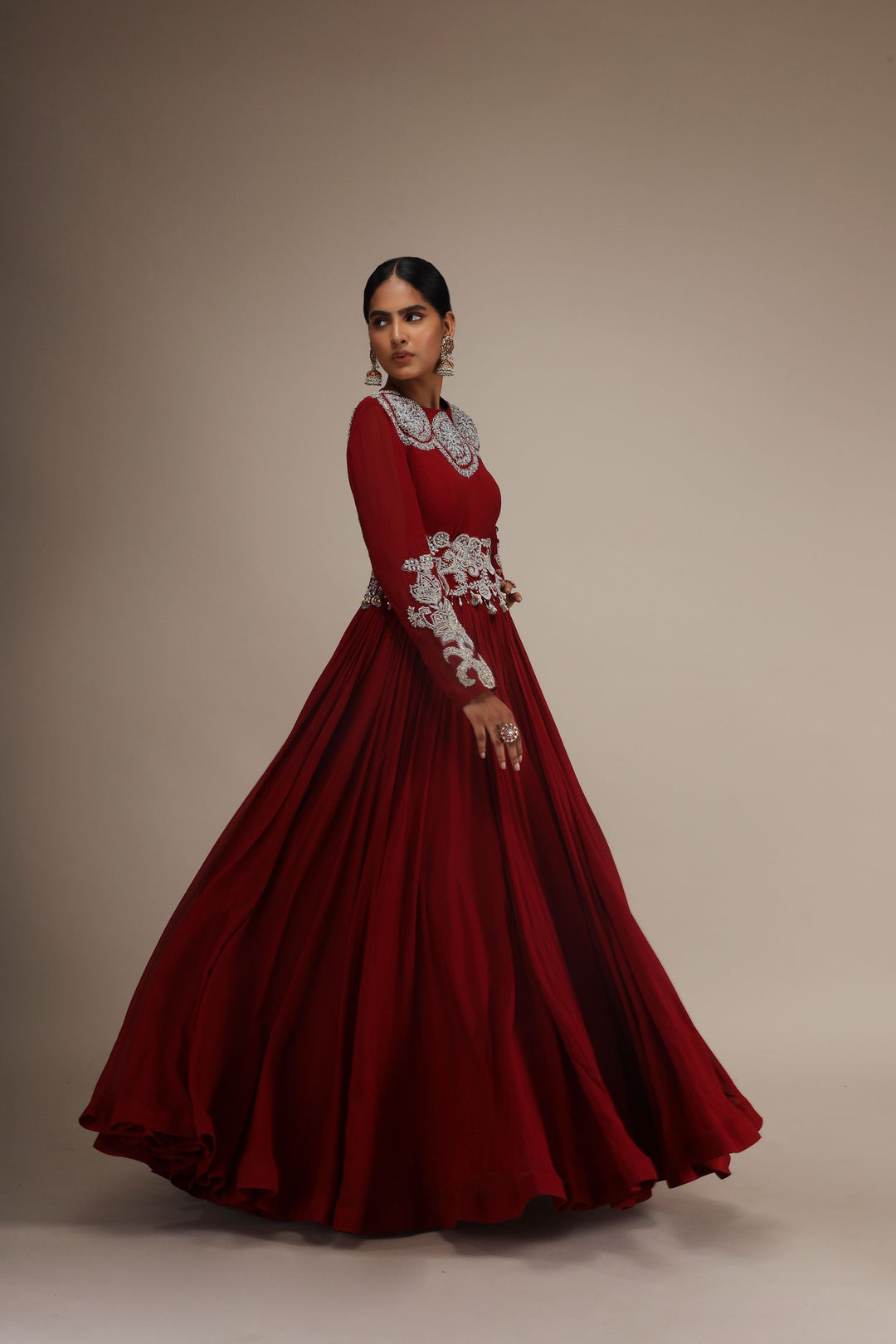 Red Solid Georgette Circle Embroidered Anarkali