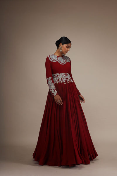 Red Solid Georgette Circle Embroidered Anarkali