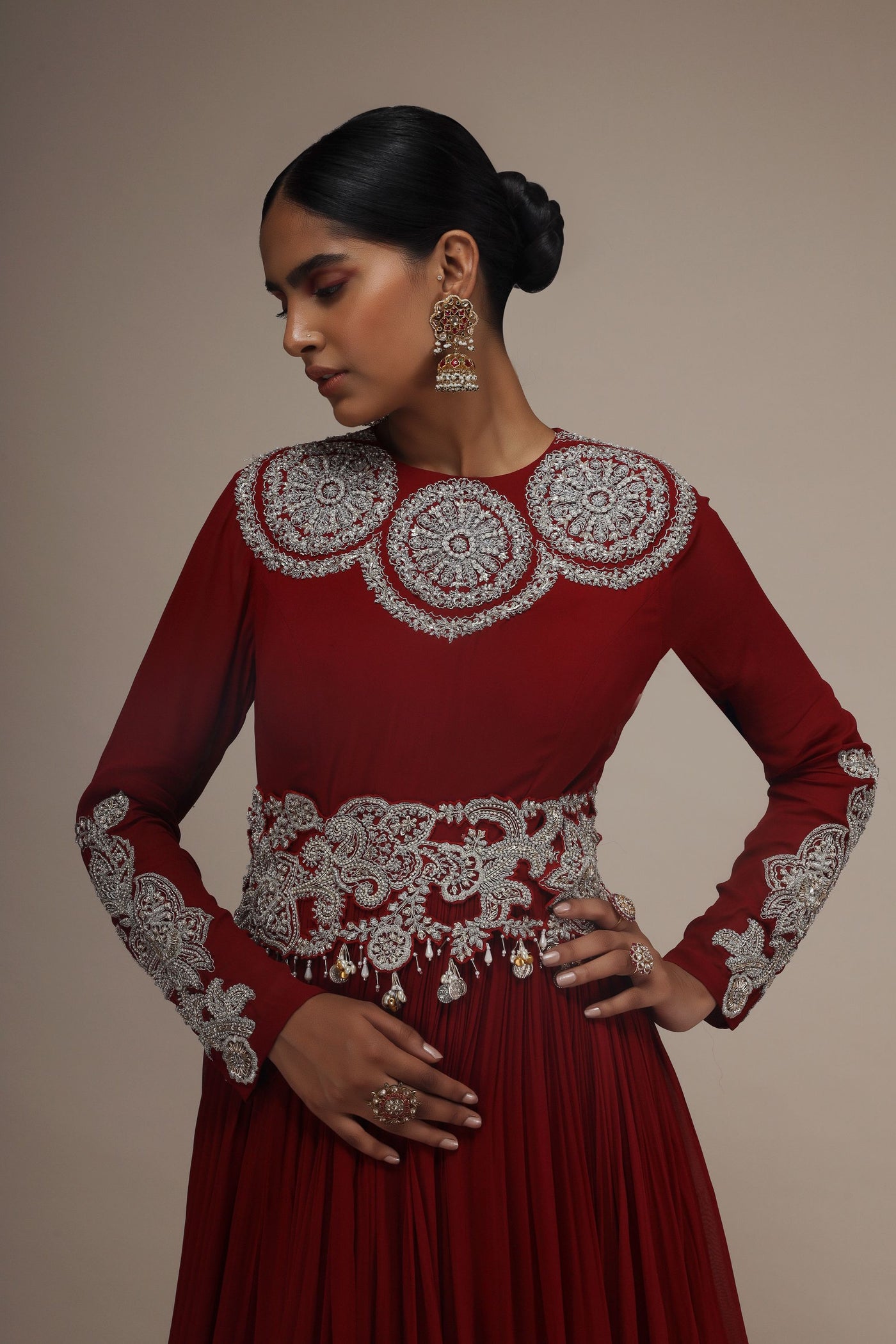 Red Solid Georgette Circle Embroidered Anarkali