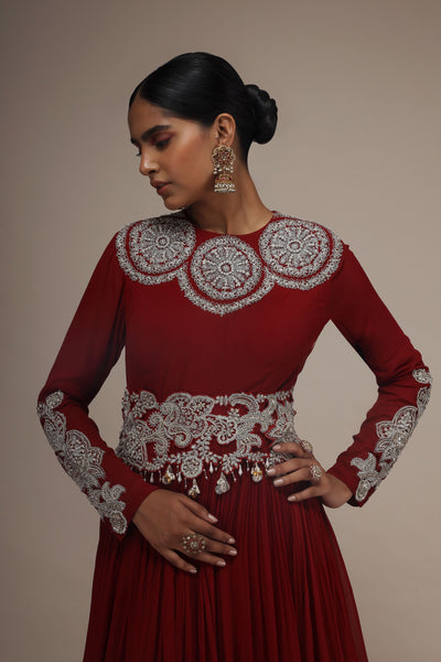 Red Solid Georgette Circle Embroidered Anarkali