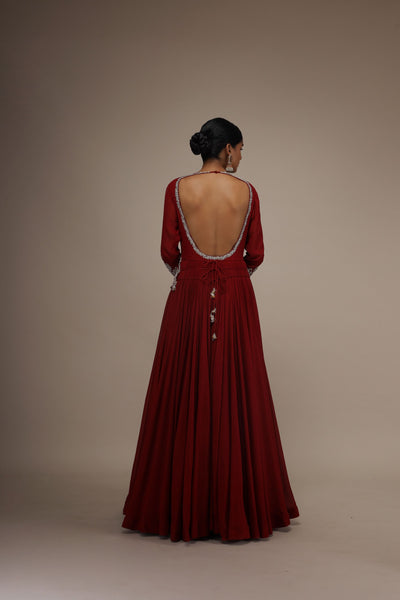 Red Solid Georgette Circle Embroidered Anarkali